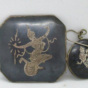 Antique Siam Niello Sterling Black Brooch and Earrings